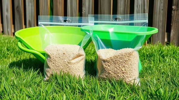 Granular lawn treatment bags and spreader ready for use on green grass.
