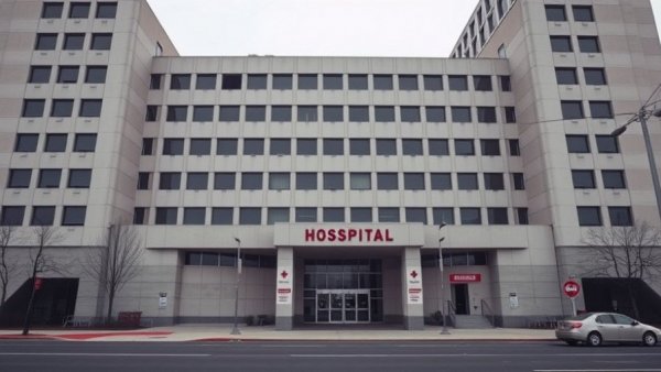 Michigan hospital entrance with emergency signage.