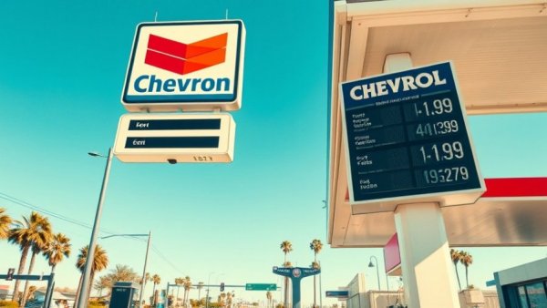 Chevron gas station sign with fuel prices on a sunny day.