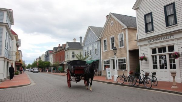 Charming street scene on Mackinac Island with horse carriage and bicycles.