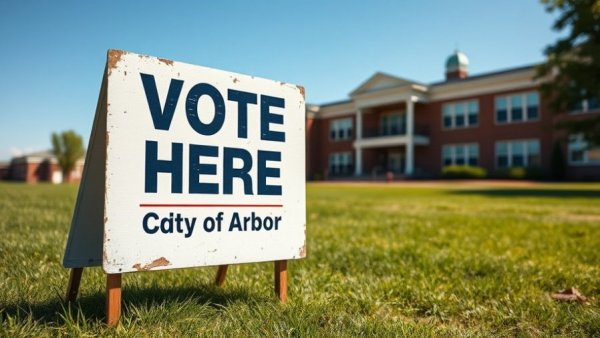 Sign for voting in Ann Arbor, Michigan, near school grounds.