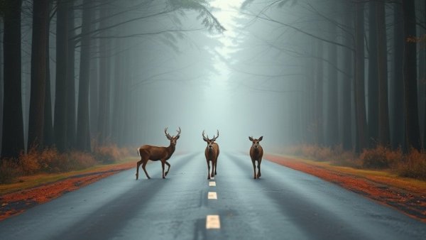 Deer crossing a misty forest road, highlighting Michigan deer collisions statistics.