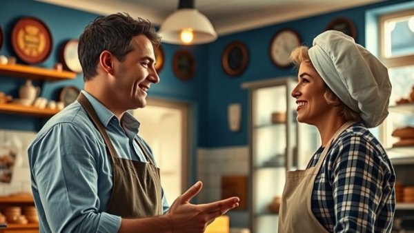 A baker engages with a customer in a welcoming bakery, Pennsylvania.