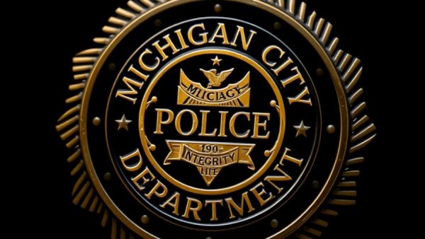Michigan City police badge highlighting robberies issue