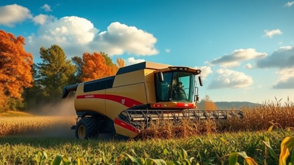 Michigan agriculture: harvester in a cornfield with autumn trees.