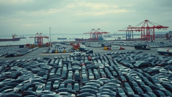Car lot at port reflecting 25% tariff increase on automotive imports.