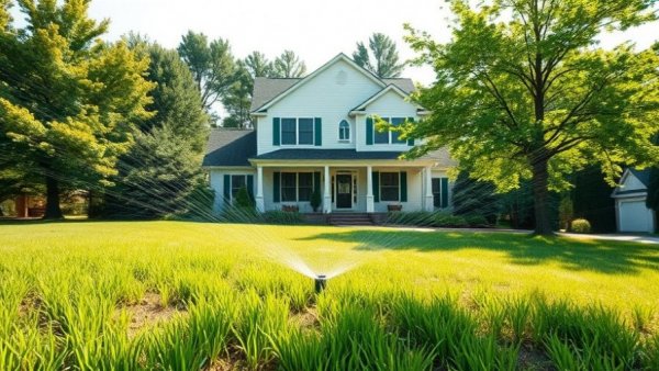 Sprinkler watering soil by house, grass seed slow growth scene.