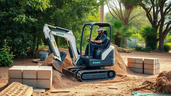 E25X electric mini excavator landscaping area with operator.