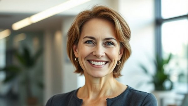 Confident woman smiling in modern interior, Santa Barbara Trust Company Real Estate Operations