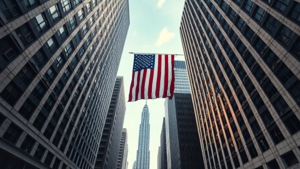 Tall skyscrapers framing American flag illustrating urban environment.