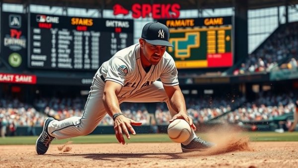 Baseball player focused on fielding, during a game.