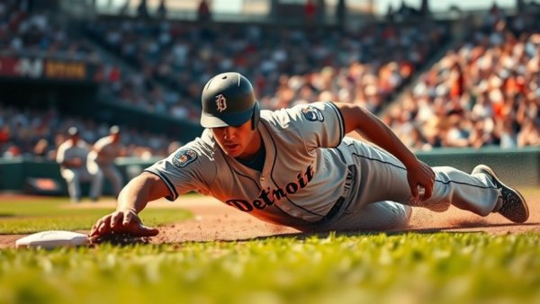 Detroit player sliding into base, local news coverage Detroit MI