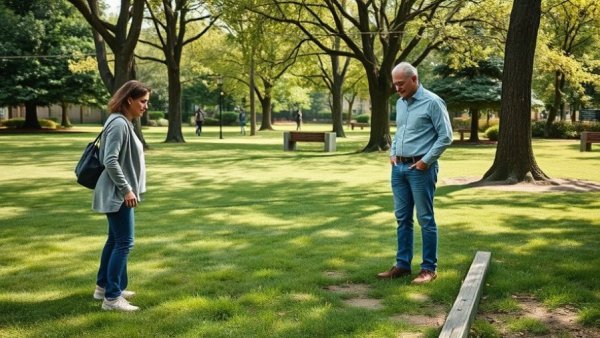 Two people discussing spring lawn care tips on a patchy lawn