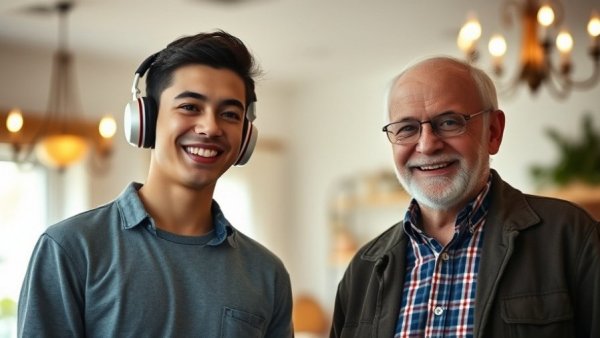 Cheerful young person with headphones and older man smiling indoors