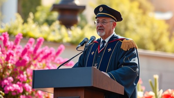University of Michigan commencement, speaker at podium surrounded by flowers.