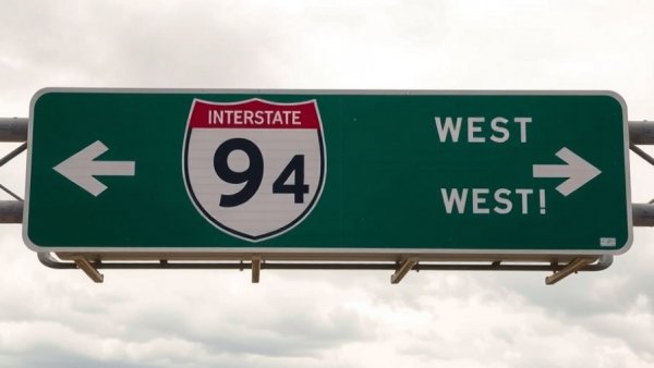 I-94 east west directional sign in Michigan, overcast sky
