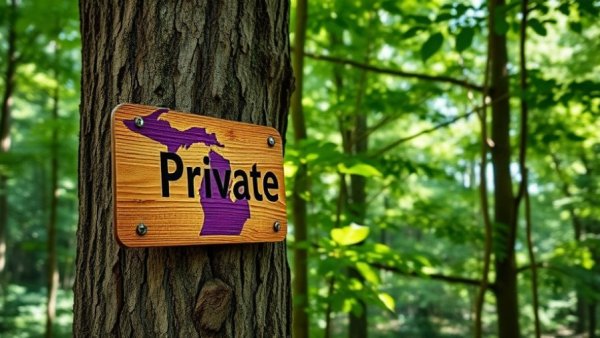 Purple paint laws Michigan: wood sign on tree indicating no trespassing.