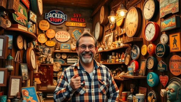 Rustic Michigan souvenir shop owner amidst eclectic decor, travel guide.