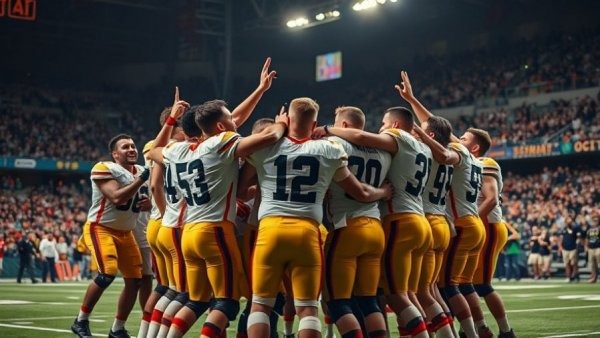 Michigan Arsenal team celebrates first win with football huddle.