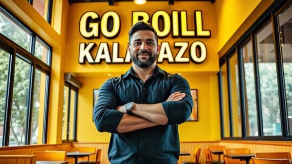 Confident man in a Kalamazoo restaurant with yellow walls.
