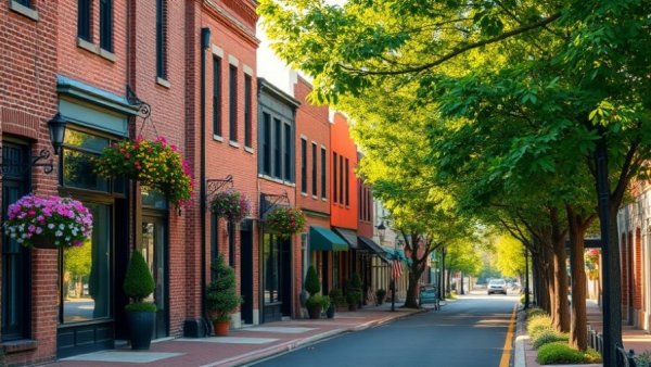 Charming small town in Michigan with historic buildings and green hills.