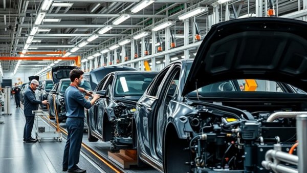 Automotive assembly line with workers assembling a vehicle.