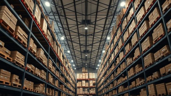 Warehouse interior with stacked shelves and subtle lighting, Sonic Automotive shares.