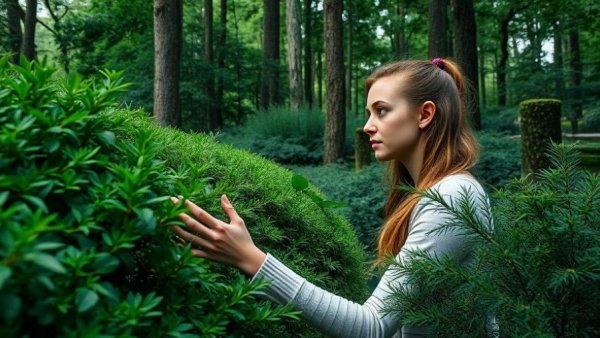 Lawn care services Shelby MI: Woman inspecting garden shrubs in lush greenery.