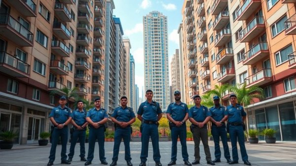 Group of security staff in blue uniforms in urban Hong Kong courtyard.