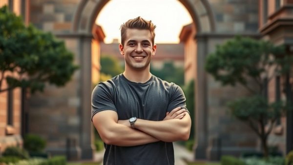 Confident young man smiling in historic campus setting for campus housing rental marketplace app.