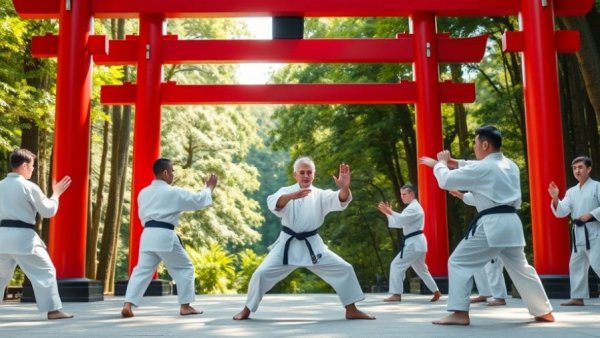 Karate training in Japan under a torii gate with lush background.