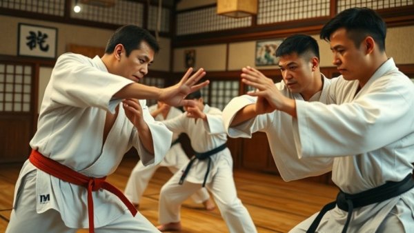 Karate practitioners demonstrating advanced techniques in a dojo.