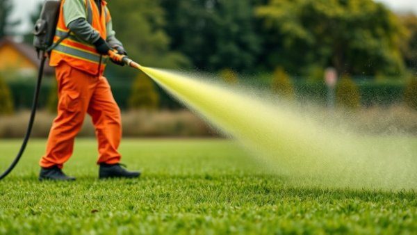 Worker performing hydroseeding with hose spray.