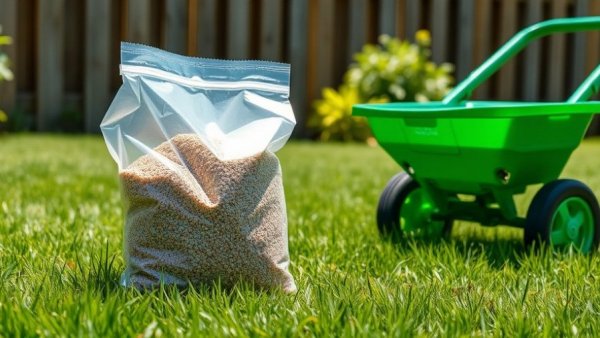 Fertilizer bags and spreader on a lawn for 'How Long After Weed and Feed Can You Plant Seed'.