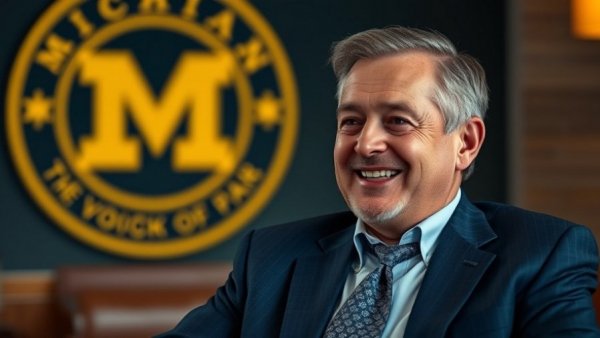 University of Michigan presidential search with man smiling in suit.