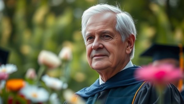 Serene older man receiving honorary degree in Michigan sunlight