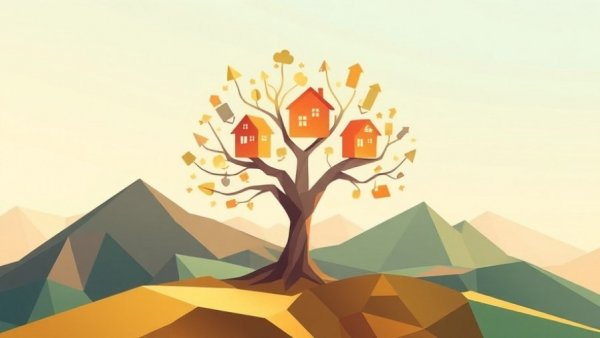 Abstract art illustrating real estate growth, symbolic tree with houses