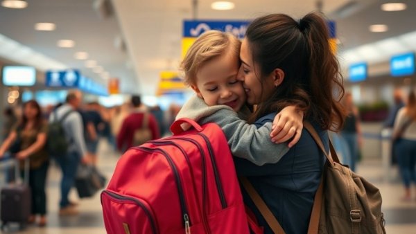 A mother comforting her son at the airport check-in counter.