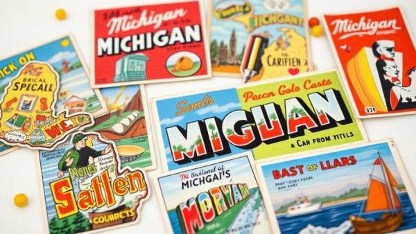 Vintage Michigan postcards highlighting popular outdoor tourism spots.