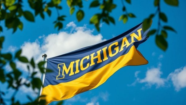 University of Michigan flag waving in the sky