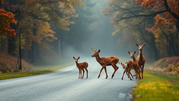 Deer crossing rural road, highlighting michigan deer collisions risk.