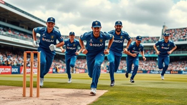 Mumbai Indians players running during IPL match, vibrant stadium background.