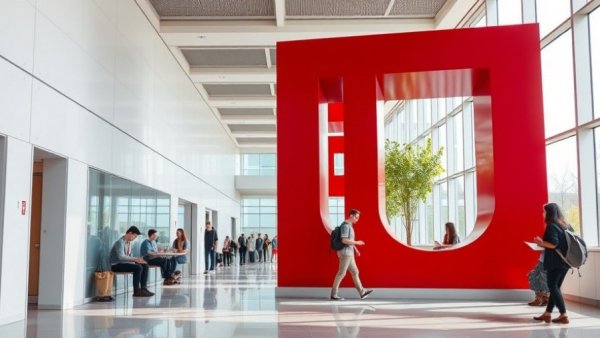 University of Utah: modern hallway with red 'U' sculpture.
