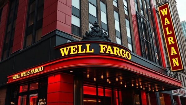 Wells Fargo building with bold text, dramatic red tone.
