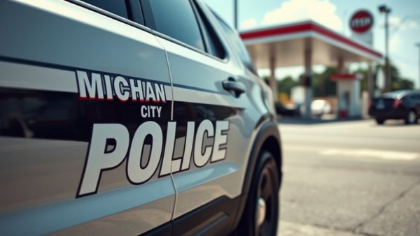Michigan City police vehicle parked near a gas station.
