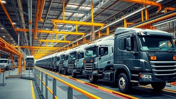 UAW strike vote Michigan auto industry assembly line with trucks.