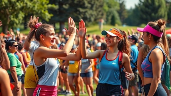 Girls flag football team in New Jersey celebrating with high fives outdoors.