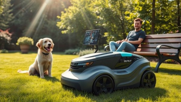 Smart robotic lawnmower in a fully automatic smart yard with a man and dog.
