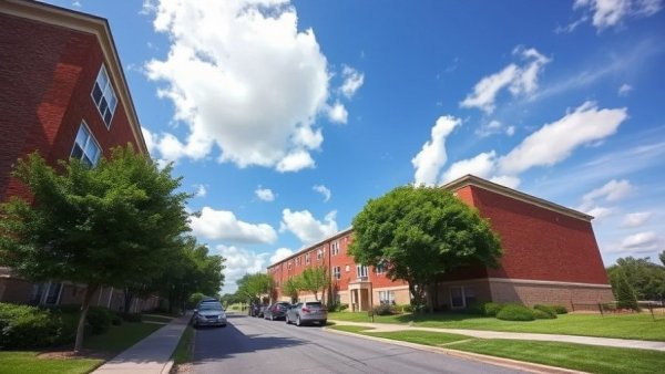 Brick senior apartment building on sunny day with parked cars