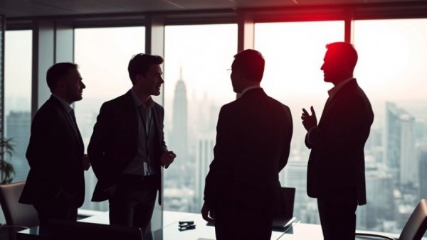 Business meeting in high-rise with digital stock graph, cloud-based BIM property management.